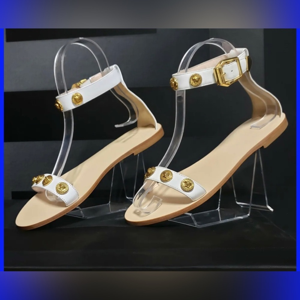 Versace white sandal with Medusa and buckle detail, size 39.5, fits US 8-8.5